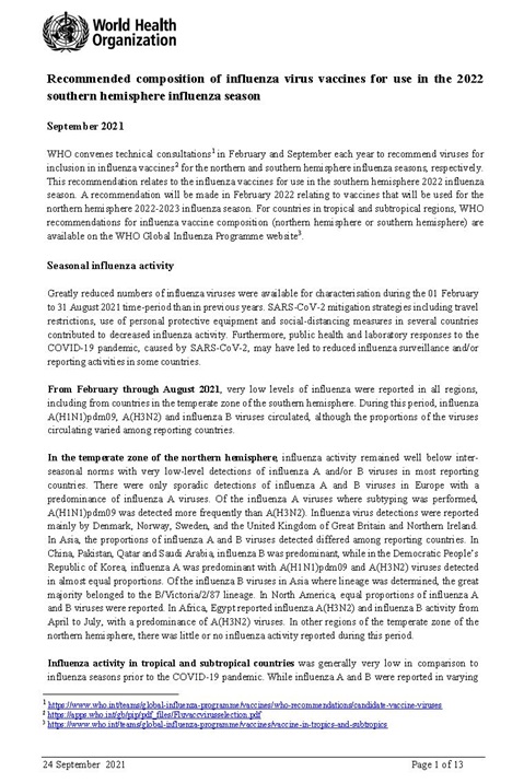 Recommended composition of influenza virus vaccines for use in the 2023-2024 northern hemisphere influenza season