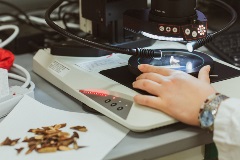 scientist  examining samples through stereo-microscope.
